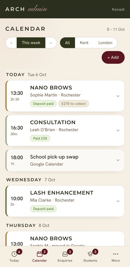 The admin diary, with sample bookings