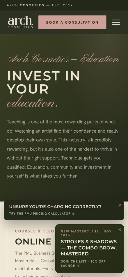 Education page with the pricing calculator prompt