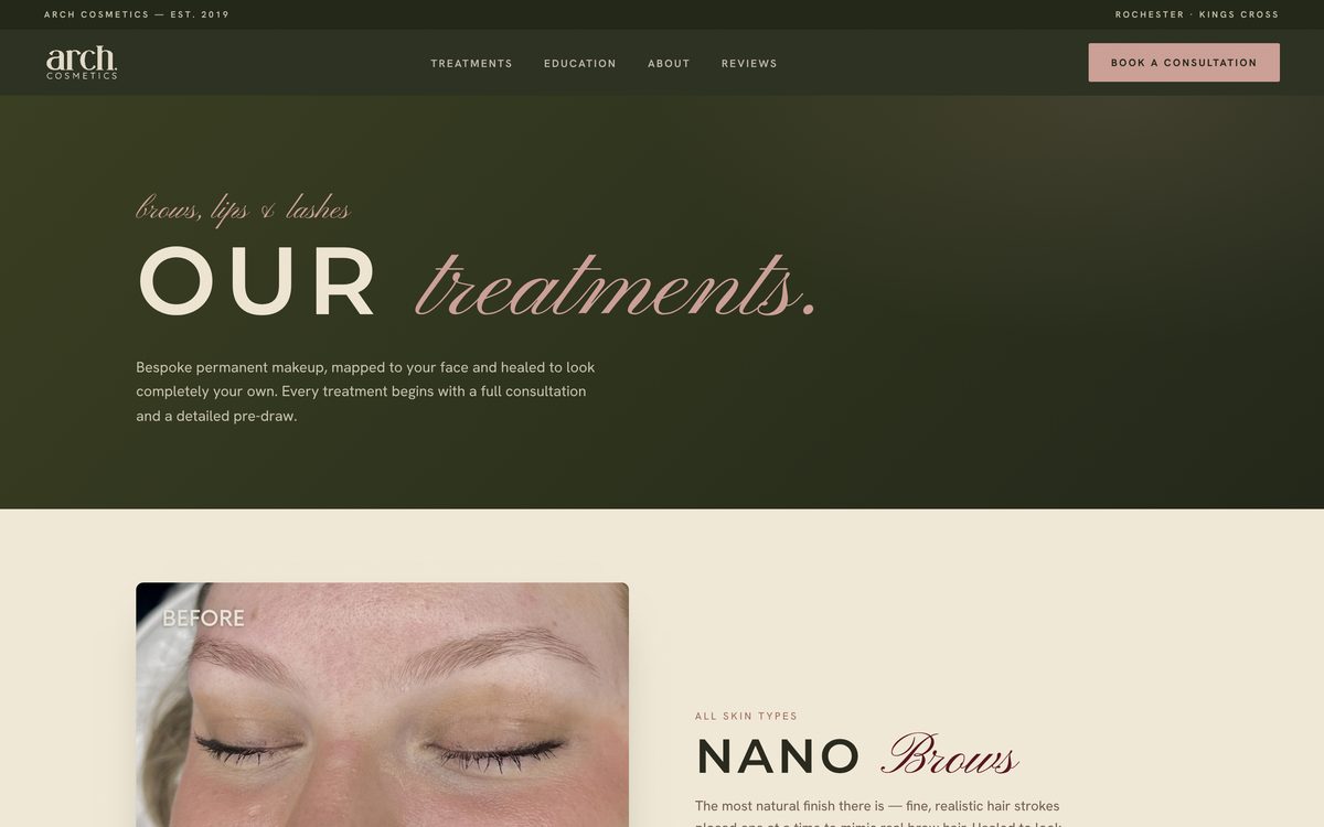 The Arch Cosmetics treatments page