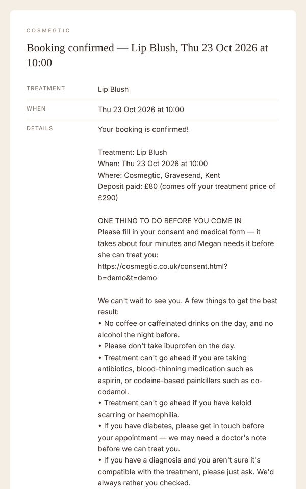 Cosmegtic · Booking confirmation