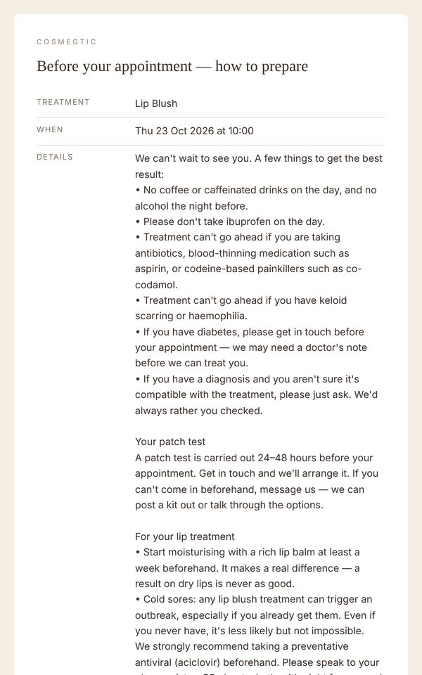 Pre-appointment reminder email